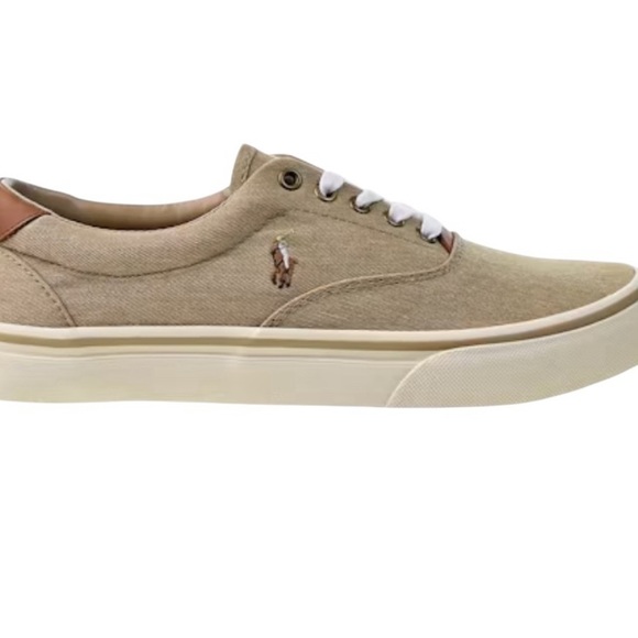 Polo Ralph Lauren Keaton Canvas Sneaker Tan w/ cognac leather embroidered polo - Picture 2 of 13